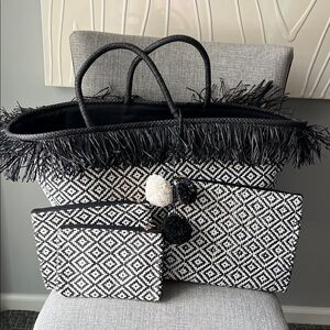 4 Piece Set of Black and White Fringe Bag with Pouches